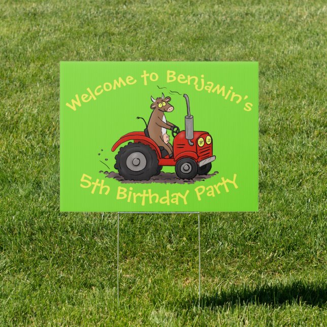 Cute happy cow driving a red tractor cartoon sign (Insitu)