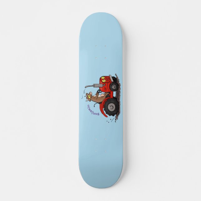 Cute happy cow driving a red tractor cartoon skateboard (Front)