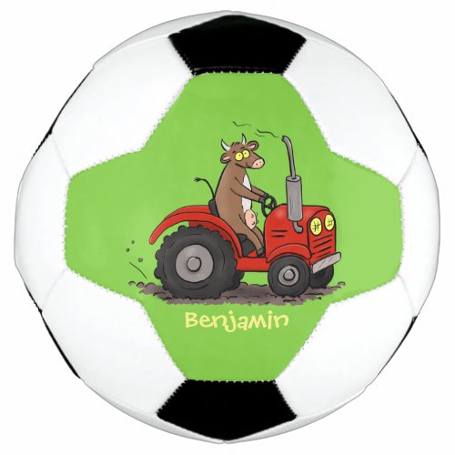 Cute happy cow driving a red tractor cartoon soccer ball