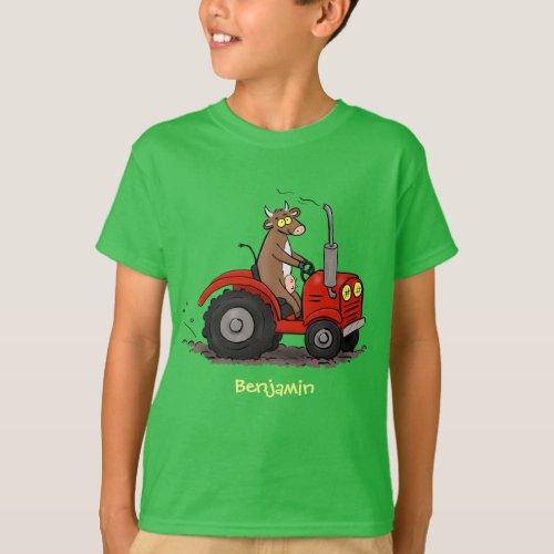 Cute happy cow driving a red tractor cartoon T_Shirt