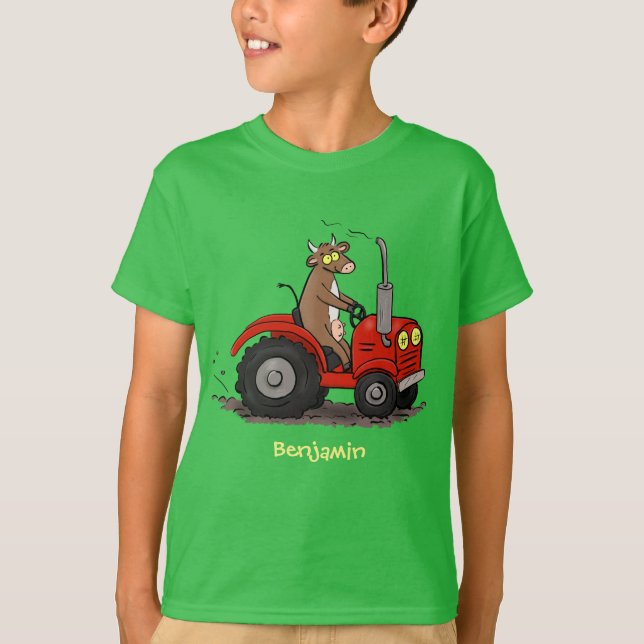 Cute happy cow driving a red tractor cartoon T-Shirt (Front)