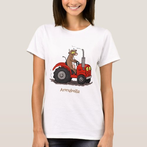 Cute happy cow driving a red tractor cartoon T_Shirt