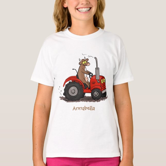 Cute happy cow driving a red tractor cartoon T-Shirt (Front)