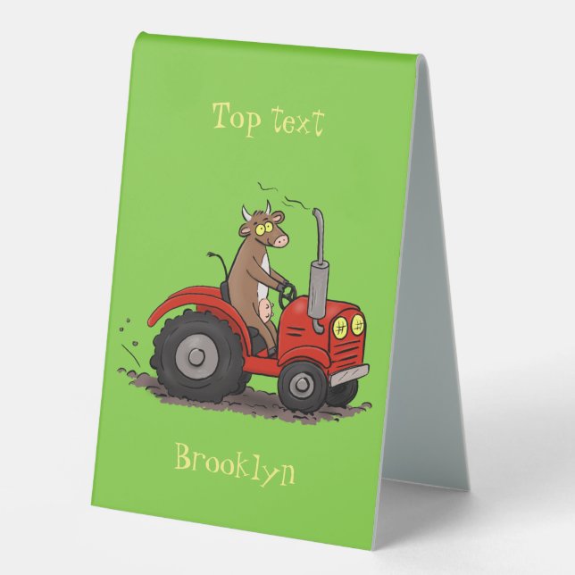 Cute happy cow driving a red tractor cartoon table tent (Front)