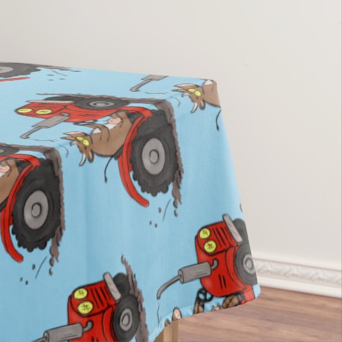 Cute happy cow driving a red tractor cartoon tablecloth