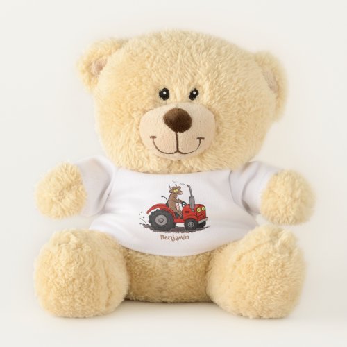 Cute happy cow driving a red tractor cartoon teddy bear