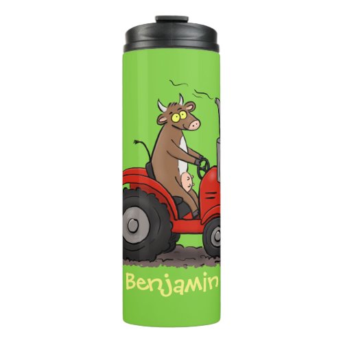 Cute happy cow driving a red tractor cartoon thermal tumbler