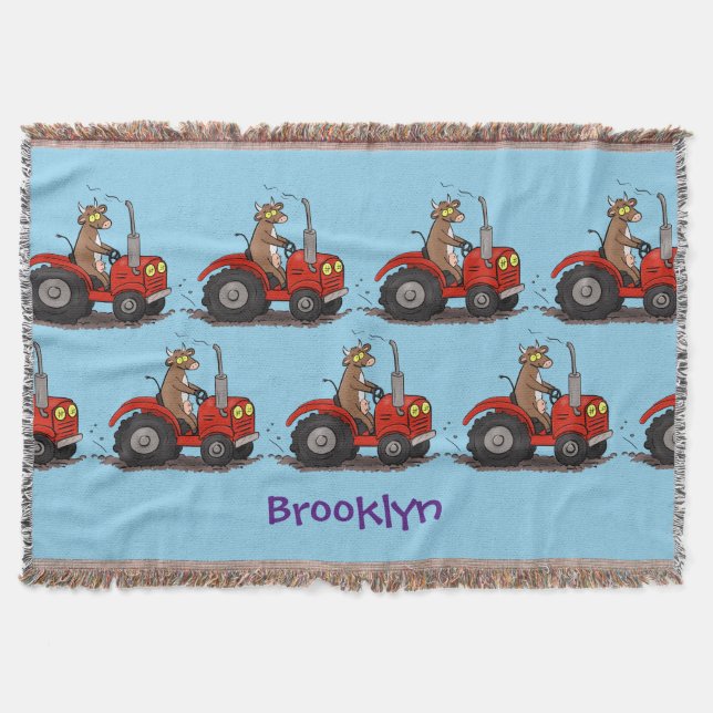 Cute happy cow driving a red tractor cartoon throw blanket (Front)