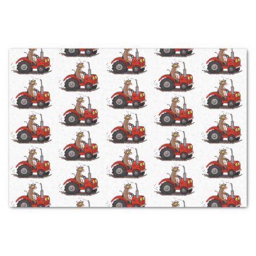 Cute happy cow driving a red tractor cartoon tissue paper