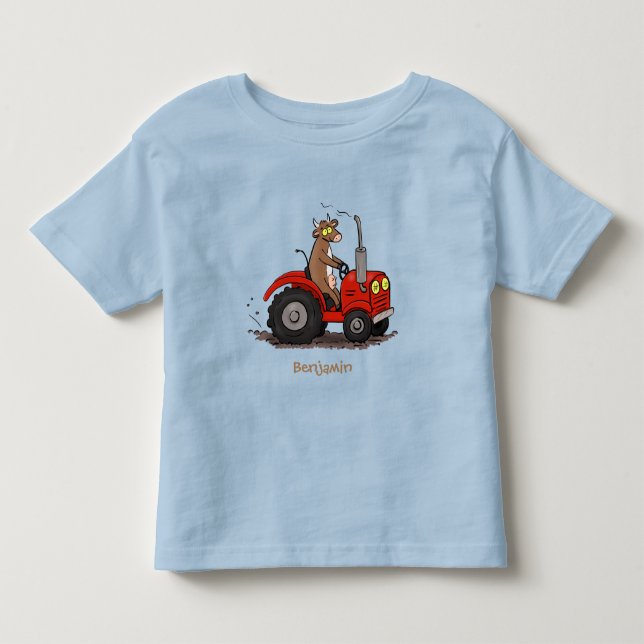 Cute happy cow driving a red tractor cartoon toddler t-shirt (Front)