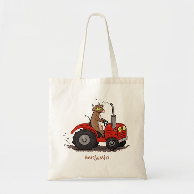 Cute happy cow driving a red tractor cartoon tote bag (Front)