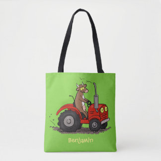 Cute happy cow driving a red tractor cartoon tote bag