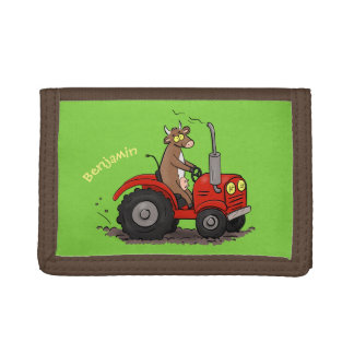 Cute happy cow driving a red tractor cartoon trifold wallet
