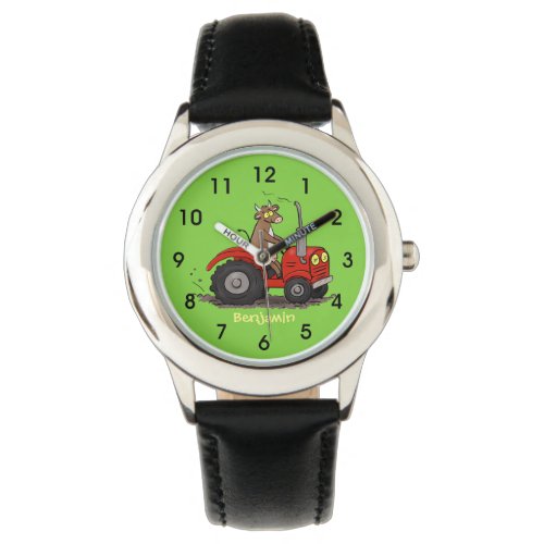 Cute happy cow driving a red tractor cartoon watch