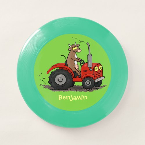 Cute happy cow driving a red tractor cartoon Wham_O frisbee