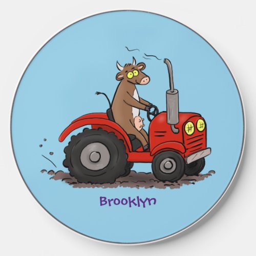 Cute happy cow driving a red tractor cartoon wireless charger 