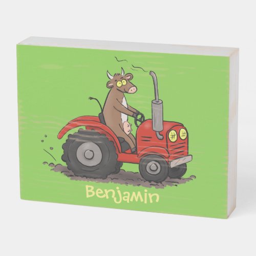 Cute happy cow driving a red tractor cartoon wooden box sign