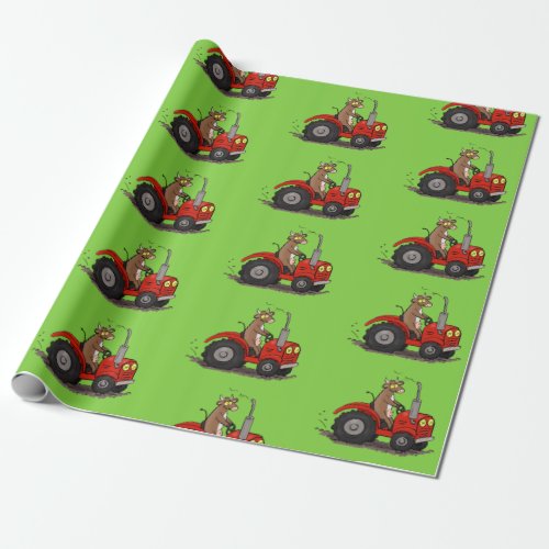 Cute happy cow driving a red tractor cartoon wrapping paper