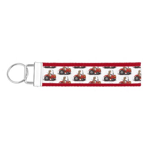 Cute happy cow driving a red tractor cartoon wrist keychain