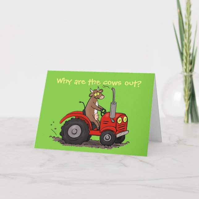 Cute happy cow driving tractor cartoon birthday card (Front)