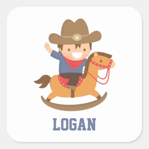 Cute Happy Cowboy on Rocking Horse Personalized Square Sticker