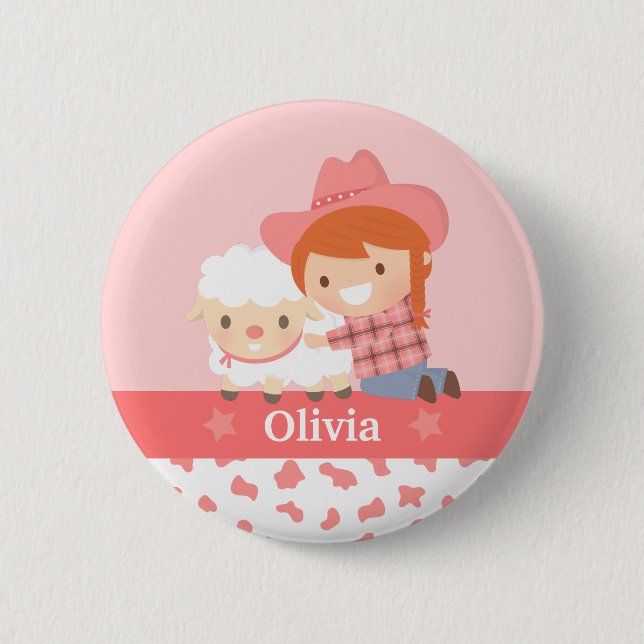 Cute Happy Cowgirl with Lamb For Girls Button (Front)