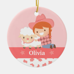 Cute Happy Cowgirl with Lamb Girls Personalized Ceramic Ornament
