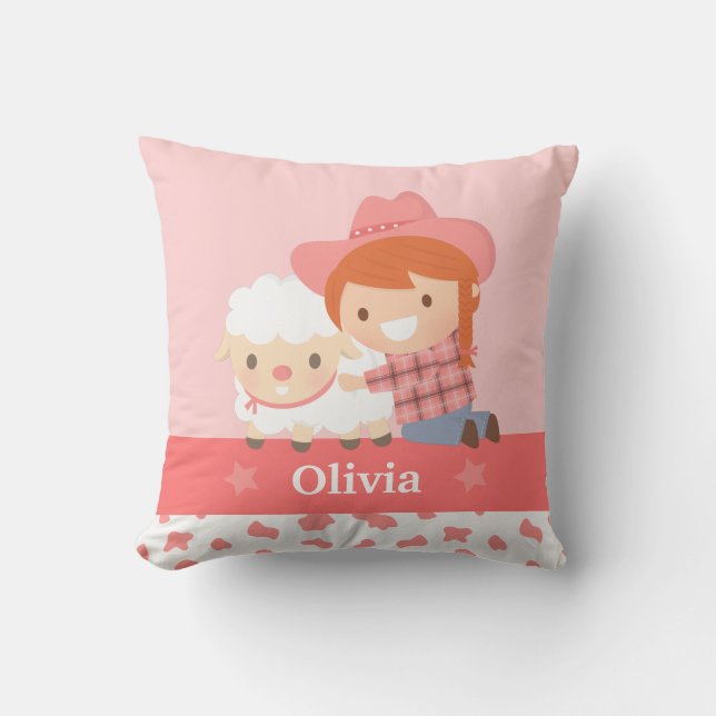 Cute Happy Cowgirl with Lamb Girls Room Decor Throw Pillow (Front)