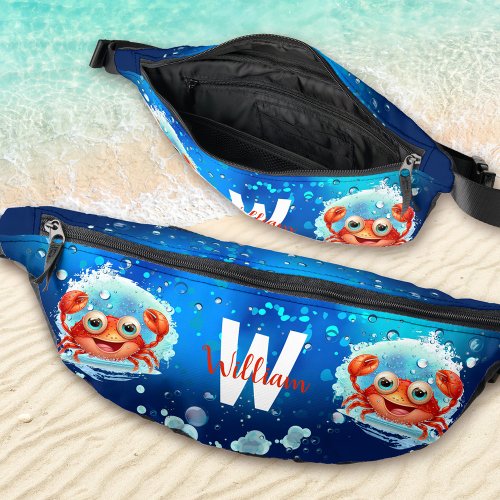 Cute Happy Crab Ocean Blue Summer Vacation Name Fanny Pack