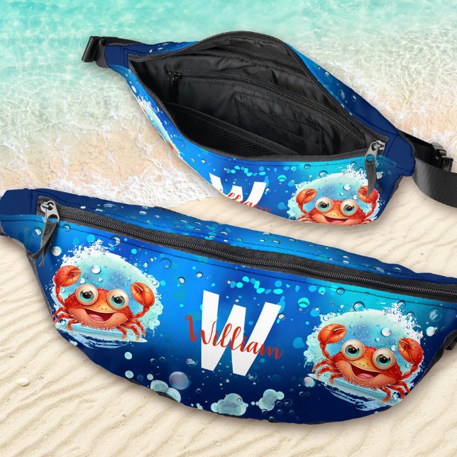 Cute Happy Crab Ocean Blue Summer Vacation Name Fanny Pack (Cute Happy Crab Ocean Blue Summer Vacation Name Fanny Pack)