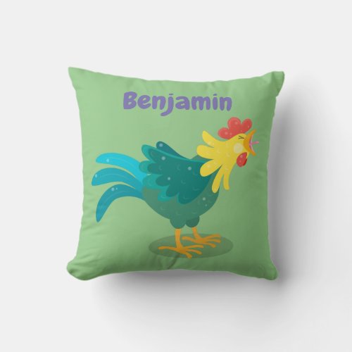 Cute happy crowing rooster cartoon illustration throw pillow