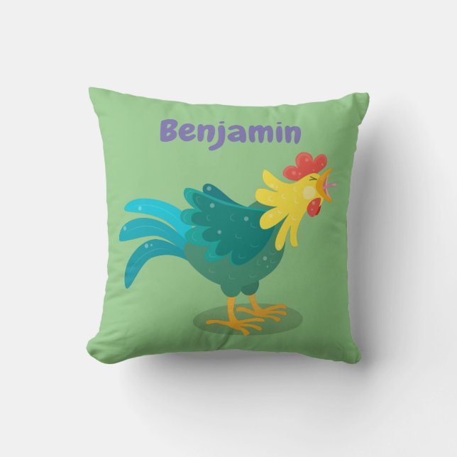 Cute happy crowing rooster cartoon illustration throw pillow (Front)