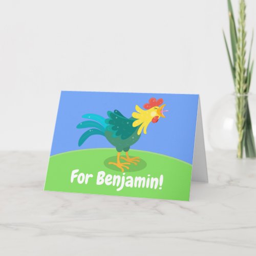 Cute happy crowing rooster cartoon pattern card