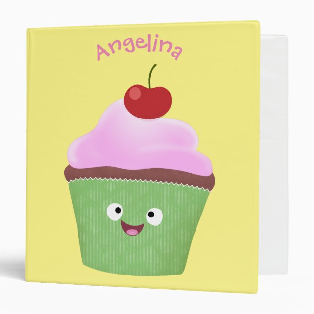 Cute happy cupcake cartoon illustration 3 ring binder (Front/Inside)
