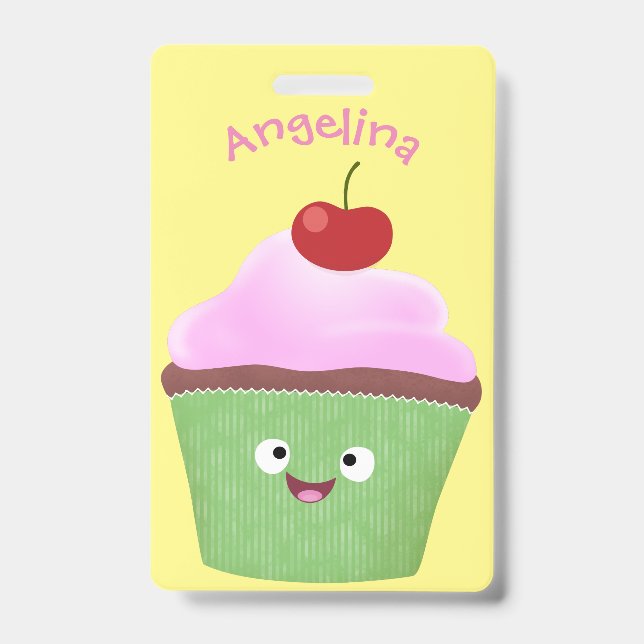 Cute happy cupcake cartoon illustration badge (Front)