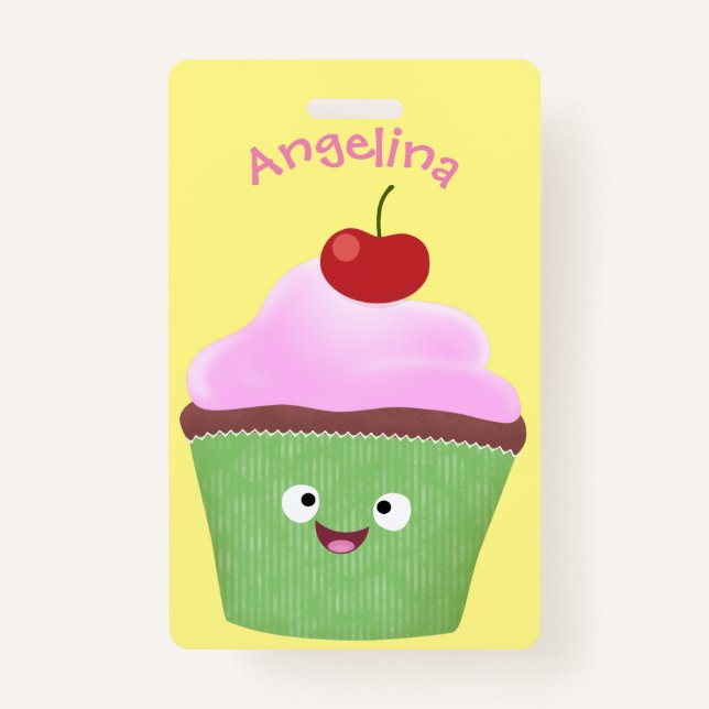 Cute happy cupcake cartoon illustration badge (Front)