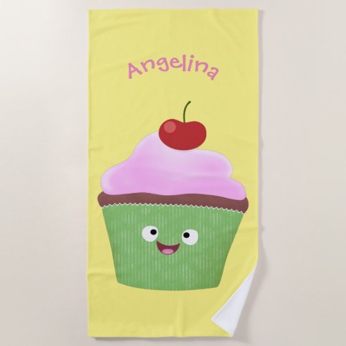 Cute happy cupcake cartoon illustration beach towel