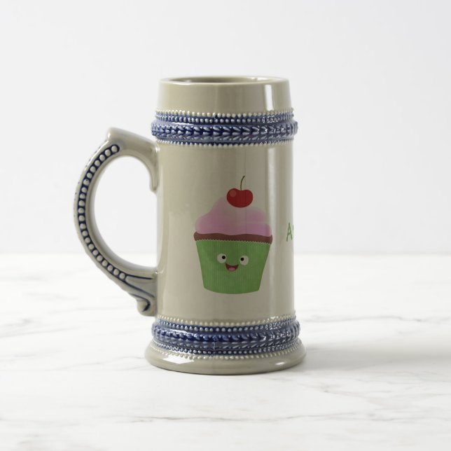 Cute happy cupcake cartoon illustration beer stein (Left)
