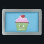Cute happy cupcake cartoon illustration belt buckle<br><div class="desc">This happy cupcake is fresh from the oven. Drawn in adorable cartoon illustration style. Yum!</div>