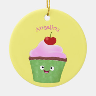 Cute happy cupcake cartoon illustration ceramic ornament