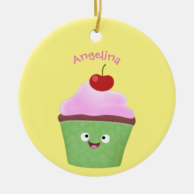 Cute happy cupcake cartoon illustration ceramic ornament (Front)