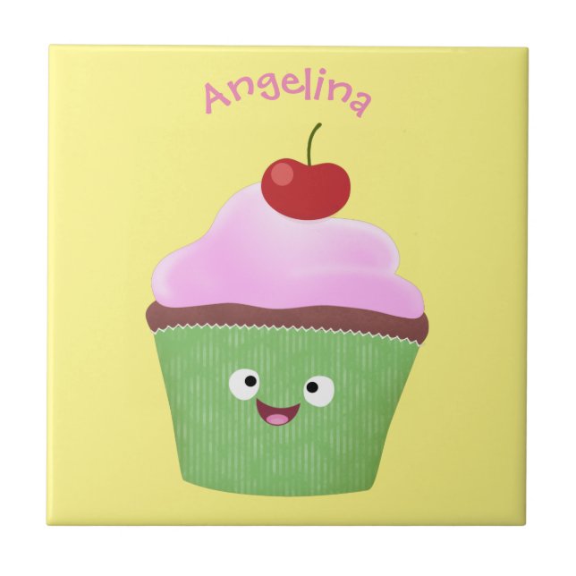 Cute happy cupcake cartoon illustration ceramic tile (Front)