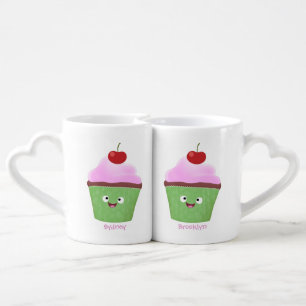 Cute happy cupcake cartoon illustration coffee mug set