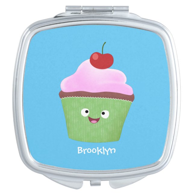 Cute happy cupcake cartoon illustration compact mirror (Front)