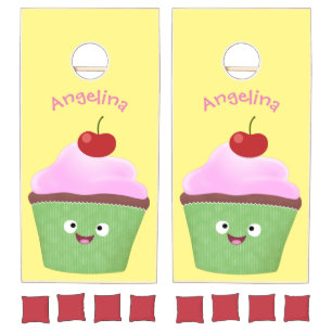 Cute happy cupcake cartoon illustration cornhole set