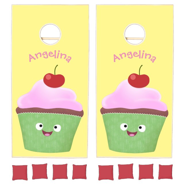 Cute happy cupcake cartoon illustration cornhole set (Set)