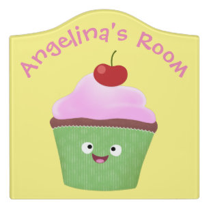 Cute happy cupcake cartoon illustration door sign