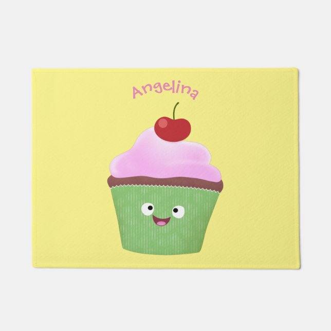 Cute happy cupcake cartoon illustration doormat (Front)
