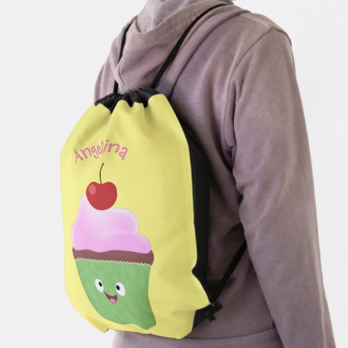 Cute happy cupcake cartoon illustration drawstring bag