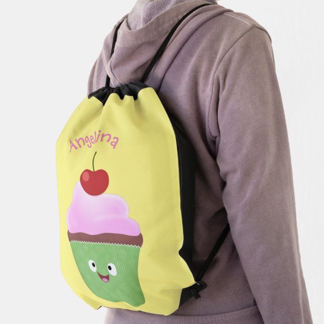 Cute happy cupcake cartoon illustration drawstring bag (Insitu)